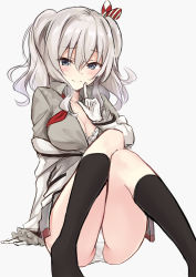 Rule 34 | 10s, 1girl, absurdres, azuuru (azure0608), black socks, blue eyes, blush, bra, breasts, cleavage, grey eyes, grey hair, grey shirt, highres, kantai collection, kashima (kancolle), kneehighs, knees together feet apart, large breasts, long hair, looking at viewer, off shoulder, open clothes, open shirt, panties, shirt, simple background, sitting, smile, socks, solo, underwear, white background, white bra, white panties