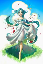 Rule 34 | 1girl, absurdres, aqua eyes, aqua hair, bad id, bad pixiv id, bare shoulders, barefoot, blue eyes, blue sky, bow, cloud, cloudy sky, daisy, day, dress, edwin-kun, flower, frills, full body, grass, hair ribbon, hatsune miku, highres, long hair, looking at viewer, nail polish, outdoors, project diva, project diva (series), project diva f 2nd, project diva x, ribbon, rose, simple background, sky, smile, solo, standing, twintails, very long hair, vocaloid, white dress
