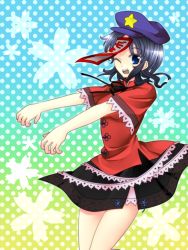 Rule 34 | 1girl, :d, bad id, bad pixiv id, blue eyes, female focus, hat, jiangshi, miyako yoshika, ofuda, open mouth, outstretched arms, purple hair, shawa, short hair, skirt, smile, solo, touhou, wink, zombie pose