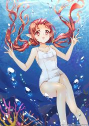 Rule 34 | 00s, 1girl, bad id, bad pixiv id, bracelet, brown hair, coral, dungeon and fighter, jewelry, long hair, mage (dungeon and fighter), navel, one-piece swimsuit, pointy ears, red eyes, school swimsuit, shiny skin, solo, swimsuit, trianon, twintails, underwater, white one-piece swimsuit, white school swimsuit
