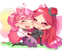 Rule 34 | 10s, 2girls, :d, blush, blush stickers, bow, cheek-to-cheek, chibi, earrings, closed eyes, fairy, fairy wings, flower, gatchu, hair bow, hair flower, hair ornament, hand on own chest, heads together, heart, heart earrings, highres, jewelry, lip (fairilu), lip (fairylu), long hair, looking at another, multiple girls, open mouth, outstretched arms, pink hair, pointy ears, ponytail, red hair, rilu rilu fairilu, rilu rilu fairylu, rose (fairilu), rose (fairylu), simple background, smile, wings, yuri