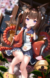 Rule 34 | 1girl, absurdres, amagi-chan (azur lane), animal ear fluff, animal ears, architecture, azur lane, barefoot, bell, bird, black hair, blunt bangs, blurry, blush, candy, cherry blossoms, chick, child, commentary request, denfunsan, depth of field, east asian architecture, eyeshadow, food, fox ears, fox girl, fox tail, frilled skirt, frills, hair between eyes, hair ornament, highres, holding, holding candy, holding food, holding lollipop, japanese clothes, kitsune, knees together feet apart, kyuubi, lollipop, long hair, long sleeves, looking at viewer, makeup, manjuu (azur lane), multiple tails, petals, purple eyes, rope, shimenawa, shouji, sidelocks, sitting, skirt, sliding doors, stomping, tail, thick eyebrows, toes, tongue, tongue out, twintails, wide sleeves