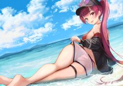 Rule 34 | 1girl, arm support, ass, barefoot, beach, bikini, black headwear, black jacket, blue sky, blush, breasts, cloud, cloudy sky, commentary, day, dutch angle, earrings, eyelashes, eyewear on headwear, fang, feet, from behind, hololive, houshou marine, houshou marine (summer), jacket, jewelry, legs, lifted by self, long hair, looking at viewer, looking back, medium breasts, off shoulder, official alternate costume, open clothes, open jacket, open mouth, outdoors, ponytail, red bikini, red eyes, red hair, shadow, short shorts, shorts, shorts lift, sidelocks, skin fang, sky, soles, solo, sunglasses, swimsuit, symbol-only commentary, thigh strap, thighs, very long hair, virtual youtuber, water, white shorts, xyunx