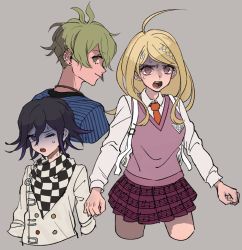 Rule 34 | 1girl, 2boys, ahoge, akamatsu kaede, amami rantaro, antenna hair, backpack, bag, beamed eighth notes, buttons, checkered clothes, checkered scarf, commentary, cropped legs, cropped torso, danganronpa (series), danganronpa v3: killing harmony, derivative work, double-breasted, eighth note, fortissimo, green eyes, green hair, grey background, hair ornament, jewelry, laaaicha, long hair, long sleeves, multiple boys, musical note, musical note hair ornament, necklace, necktie, oma kokichi, open mouth, pleated skirt, purple eyes, scarf, school uniform, shaded face, shirt, skirt, smile, straitjacket, striped clothes, striped shirt, sweat, sweater vest, white shirt