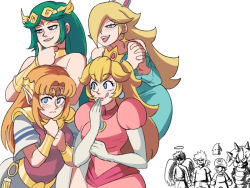 Rule 34 | 4girls, armlet, bare shoulders, black hair, blonde hair, blue eyes, blush, bowser, breasts, brown hair, crown, dress, earrings, gloves, green eyes, green hair, hair over one eye, hat, hetero, highres, jewelry, kid icarus, kid icarus uprising, link, long hair, looking at viewer, luma (mario), mario, mario (series), multiple girls, necklace, nintendo, open mouth, own hands clasped, own hands together, palutena, parted bangs, pendant, pit (kid icarus), pointy ears, princess peach, princess zelda, rosalina, short hair, side slit, simple background, smile, star (symbol), star earrings, super mario galaxy, super smash bros., the legend of zelda, the legend of zelda: a link between worlds, the legend of zelda: breath of the wild, tiara, tina fate, vambraces, very long hair, white background, wings