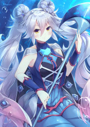 Rule 34 | 1girl, absurdres, closed mouth, cowboy shot, duel monster, grey hair, highres, holding, holding weapon, kanzakietc, long hair, marincess aqua argonaut, smile, solo, twintails, very long hair, weapon, yellow eyes, yu-gi-oh!