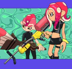 Rule 34 | 1boy, 1girl, black shorts, commentary request, crop top, e-liter 4k (splatoon), green background, grey eyes, gun, highres, holding, holding gun, holding weapon, letterboxed, long hair, midriff, mohawk, nintendo, octobrush (splatoon), octoling, octoling boy, octoling girl, octoling player character, red hair, short hair, shorts, splatoon (series), standing, tentacle hair, weapon, xdies ds, yellow bracelet, yellow eyes, zipper