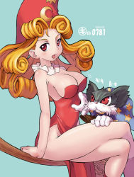 Rule 34 | 00s, 1girl, 2005, :d, areola slip, atlus, bare shoulders, blush, boots, breasts, broom, broom riding, cape, cleavage, crescent, crossed legs, curly hair, dress, gabriel (princess crown), gloves, goblin, hat, jewelry, kei jiei, large breasts, legs, long hair, looking at viewer, necklace, no bra, open mouth, orange hair, princess crown, proserpina, red eyes, side slit, sideboob, sidesaddle, simple background, sitting, smile, solo, witch, witch hat
