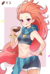 Rule 34 | 1girl, :q, amogan, blush, border, breasts, closed mouth, commission, cowboy shot, food, food on face, hand on own hip, highres, holding, holding food, league of legends, long hair, navel, orange hair, pink background, pixiv commission, purple eyes, scarf, sleeveless, small breasts, solo, striped clothes, striped scarf, tongue, tongue out, white border, zoe (league of legends)