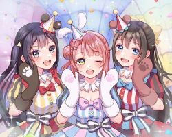 Rule 34 | 3girls, :d, ;d, animal hands, azuna (love live!), black eyes, black hair, blue dress, blue eyes, blue headwear, blush, bow, braid, braided bun, brown gloves, brown hair, commentary, confetti, dress, gloves, green eyes, grey bow, hair bun, hair ornament, hairclip, hands up, hat, infinity! our wings!!, long hair, looking at viewer, love live!, love live! nijigasaki high school idol club, mini hat, mn 0207, multicolored background, multiple girls, neck ruff, one eye closed, one side up, open mouth, osaka shizuku, party hat, paw gloves, pink bow, pink hair, puffy short sleeves, puffy sleeves, red dress, red gloves, red headwear, short sleeves, single side bun, smile, striped bow, striped clothes, striped dress, striped headwear, teeth, uehara ayumu, upper teeth only, vertical-striped clothes, vertical-striped dress, waist bow, white gloves, yellow dress, yellow headwear, yuuki setsuna (love live!)