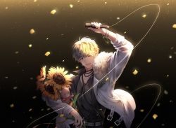 Rule 34 | 1boy, :d, arm up, bad id, bad pixiv id, belt, black background, black shirt, blonde hair, blue eyes, bracelet, confetti, flower, fur trim, holding, holding microphone, iji (u mayday), jacket, jewelry, love and producer, male focus, microphone, one eye closed, open mouth, shirt, smile, solo, stuffed animal, stuffed toy, sunflower, teddy bear, upper body, white jacket, zhou quiluo