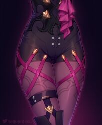 Rule 34 | 1girl, black background, commentary, fine fabric emphasis, glowing, gradient background, helloimtea, high-waist shorts, highres, honkai: star rail, honkai (series), kafka (honkai: star rail), lower body, micro shorts, pantyhose, pantyhose under shorts, purple background, purple pantyhose, purple ribbon, ribbon, shorts, skin tight, skindentation, solo, thigh gap, thigh strap, thighs, twitter username