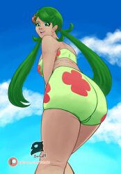 Rule 34 | 1girl, ass, ass focus, breasts, buho01, creatures (company), dark-skinned female, dark skin, from behind, from below, game freak, green eyes, green hair, highres, large breasts, long hair, looking at viewer, mallow (pokemon), nintendo, pokemon, pokemon (anime), pokemon sm (anime), swimsuit, twintails, very long hair