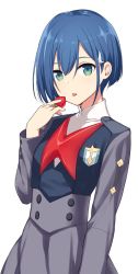 Rule 34 | 10s, 1girl, blue hair, commentary request, darling in the franxx, food, fruit, green eyes, hair ornament, hand up, highres, hiraga matsuri, holding, holding food, holding fruit, ichigo (darling in the franxx), long sleeves, looking at viewer, school uniform, short hair, simple background, solo, strawberry, tongue, tongue out, upper body, white background