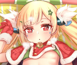 Rule 34 | 1girl, :o, arm up, azur lane, bell, blonde hair, blush, breasts, capelet, eldridge (azur lane), eldridge (holy night&#039;s embrace) (azur lane), facial mark, fur-trimmed capelet, fur-trimmed gloves, fur trim, gloves, hair ornament, head tilt, heavy breathing, horonamin, long hair, looking at viewer, lying, on back, parted lips, red capelet, red eyes, red gloves, small breasts, solo, sweat, twintails, very long hair
