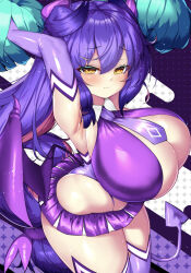 Rule 34 | 1girl, armpits, arms up, blush, bombergirl, breasts, cheerleader, cleavage, closed mouth, collared shirt, cowboy shot, demon horns, demon tail, demon wings, elbow gloves, embarrassed, eyelashes, furrowed brow, gloves, hair between eyes, half-closed eyes, highres, horns, huge breasts, long hair, looking at viewer, miniskirt, multicolored hair, necktie, pom pom (cheerleading), prune (bombergirl), purple gloves, purple hair, purple necktie, purple shirt, purple skirt, purple thighhighs, purple wings, shirt, short necktie, skirt, sleeveless, sleeveless shirt, solo, streaked hair, tail, thighhighs, thighs, tight clothes, very long hair, wanyuudou (fwen5284), wings, yellow eyes