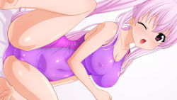 Rule 34 | 1girl, absurdres, cameltoe, cleft of venus, competition swimsuit, covered erect nipples, highres, long hair, looking at viewer, one-piece swimsuit, one eye closed, open mouth, original, purple eyes, purple hair, purple one-piece swimsuit, sideways, simple background, smile, solo, spread legs, sugimura tomokazu, swimsuit, twintails, white background