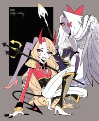 Rule 34 | 2girls, alternate costume, angel wings, blonde hair, charlie morningstar, circle facial mark, colored sclera, colored skin, demon girl, demon horns, demon tail, grey skin, hazbin hotel, high heels, highres, holding, holding polearm, holding trident, holding weapon, horns, long hair, looking at viewer, multiple girls, pink sclera, polearm, qp mellang, red horns, red sclera, spear, tail, trident, vaggie, very long hair, weapon, wings, yellow eyes
