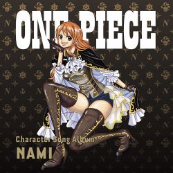 Rule 34 | 1girl, album cover, black cape, boots, brown eyes, brown footwear, brown gloves, cape, copyright name, cover, gloves, hand on own face, high heel boots, high heels, highres, long hair, looking at viewer, nami (one piece), oda eiichirou, official art, one piece, open mouth, orange hair, short shorts, shorts, smile, thigh boots, thighhighs