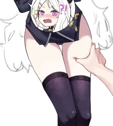 Rule 34 | !?, 1boy, 1girl, :o, ahoge, black skirt, black thighhighs, blue archive, blush, commentary request, demon girl, demon horns, embarrassed, forehead, gluteal fold, hair ornament, hairclip, half updo, halo, hand on another&#039;s thigh, highres, hina (blue archive), horns, long hair, looking at viewer, military uniform, out of frame, parted bangs, pencil skirt, pov, pov hands, purple eyes, sensei (blue archive), sidelocks, simple background, skirt, spoken character, surprised, sweatdrop, thick thighs, thigh grab, thighhighs, thighs, um99, uniform, wavy hair, white background, white hair