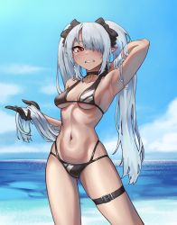 Rule 34 | 1girl, absurdres, armpits, azuuart, bikini, black bikini, blue archive, choker, commentary, cowboy shot, dark-skinned female, dark elf, dark skin, elf, english commentary, gloves, gluteal fold, grey hair, hair over one eye, highres, iori (blue archive), iori (swimsuit) (blue archive), long hair, looking at viewer, multi-strapped bikini bottom, navel, outdoors, parted lips, pointy ears, red eyes, slit pupils, solo, swimsuit, teeth, thigh strap, twintails, very long hair, water