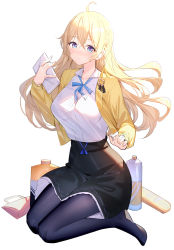 Rule 34 | 1girl, ahoge, bag, baguette, black pantyhose, black skirt, blonde hair, blue eyes, braid, bread, breasts, closed mouth, commentary request, food, full body, hair between eyes, hand up, handbag, highres, holding, jacket, large breasts, long hair, long sleeves, looking at viewer, no shoes, open clothes, open jacket, original, pantyhose, resolution mismatch, ririko (zhuoyandesailaer), saegusa futaba, shirt, simple background, sitting, skirt, solo, source smaller, very long hair, wariza, white background, white shirt, yellow jacket