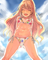 Rule 34 | 10s, 1girl, :d, ^ ^, abs, arms behind back, bad id, bad pixiv id, bikini, breasts, cleavage, closed eyes, cloud, cowboy shot, day, closed eyes, floral print, hino akane (idolmaster), idolmaster, idolmaster cinderella girls, light brown hair, long hair, open mouth, outdoors, owafu, print bikini, side-tie bikini bottom, sky, smile, solo, swimsuit, thighs, underboob, wet