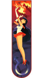 1girl bishoujo_senshi_sailor_moon black_hair blue_bow blue_bowtie bow bowtie commentary elbow_gloves fire full_body gloves high_heels highres hino_rei inner_senshi leotard long_hair looking_up magical_girl mars_symbol miniskirt pikipouet pleated_skirt red_footwear red_skirt sailor_mars sailor_senshi sailor_senshi_uniform skirt solo white_gloves white_leotard