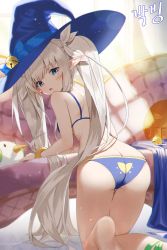 Rule 34 | 1girl, absurdres, ass, back, bare arms, bare legs, barefoot, bell, bikini, blue bikini, blue eyes, blue hat, bracelet, breasts, butt crack, commentary, commission, dungeon and fighter, feet out of frame, from behind, hair ribbon, hat, highres, jewelry, jingle bell, kirari (kira rin9), kneeling, long hair, looking at viewer, looking back, pointy ears, ribbon, solo, swimsuit, twintails, very long hair, white hair, white ribbon, witch hat