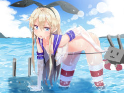 Rule 34 | 10s, 1girl, animal ears, bent over, black panties, blonde hair, blue sky, blush, breasts, day, elbow gloves, fake animal ears, gloves, hairband, innertube, kantai collection, lens flare, long hair, mx2j, ocean, panties, panty pull, rabbit ears, red thighhighs, rensouhou-chan, shimakaze (kancolle), sky, small breasts, solo focus, striped clothes, striped thighhighs, swim ring, thighhighs, underwear, wading, wet, wet clothes, white gloves