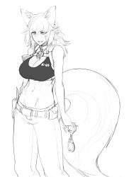Rule 34 | abs, absurdres, animal ears, belt, breasts, cuffs, fox ears, fox girl, fox tail, from side, greyscale, gun, handcuffs, handgun, highres, holster, jewelry, large breasts, less, looking to the side, monochrome, monster girl, muscular, navel, necklace, pants, police, police badge, pouch, simple background, smirk, solo, sports bra, tail, wavy hair, weapon, white background