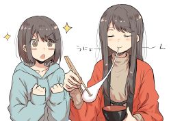 Rule 34 | + +, 2girls, betock, blue hoodie, blush stickers, bowl, brown eyes, brown hair, chopsticks, clenched hands, closed eyes, collarbone, eating, eyelashes, food, high collar, highres, hood, hoodie, laces, long hair, mochi, multiple girls, open mouth, original, short hair, simple background, swept bangs, symbol-shaped pupils, translation request, white background
