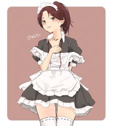 Rule 34 | 1girl, alternate costume, apron, black dress, border, brown background, brown eyes, brown hair, unworn clothes, commentary request, cowboy shot, dress, enmaided, frilled apron, frills, kantai collection, long hair, looking at viewer, maid, maid apron, maid headdress, mochizou, ponytail, shikinami (kancolle), short hair, solo, thighhighs, two-tone background, white apron, white border, white thighhighs, wrist cuffs