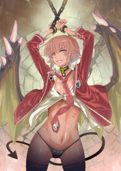 Rule 34 | 1girl, absurdres, arms up, black panties, black thighhighs, blazer, breasts, brown eyes, brown hair, chain, cleavage, collar, cuffs, demon girl, demon tail, demon wings, fang, grin, highres, jacket, large breasts, miyo (13th floor), navel, necktie, open clothes, open shirt, original, panties, shackles, shirt, short hair, smile, solo, tail, thighhighs, underwear, wings