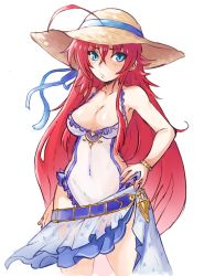 Rule 34 | 1girl, ahoge, alternate breast size, blue eyes, blue one-piece swimsuit, bracelet, breasts, closed mouth, cosplay, cowboy shot, frilled swimsuit, frills, frown, genkillua, granblue fantasy, hand on own hip, heles, heles (cosplay), high school dxd, jewelry, long hair, looking at viewer, medium breasts, navel, one-piece swimsuit, red hair, rias gremory, sarong, see-through, solo, standing, swimsuit, very long hair, white background, white one-piece swimsuit