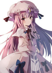 Rule 34 | 1girl, bad id, bad pixiv id, blue bow, bow, capelet, crescent, crescent hat ornament, dress, hat, hat ornament, highres, long hair, long sleeves, looking at viewer, mob cap, natsume suzuri, patchouli knowledge, purple eyes, purple hair, red bow, ribbon, simple background, solo, striped, touhou, very long hair, white background