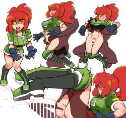 Rule 34 | 1boy, 1girl, absurdres, bar censor, blush, bottomless, grabbing another&#039;s breast, censored, clothed sex, cum, cum in pussy, cyrano (aazzss3), gloves, grabbing, highres, leona heidern, penis, ponytail, red hair, sex, the king of fighters, yellow eyes
