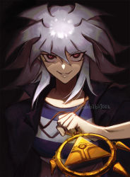 Rule 34 | abiiii, black jacket, blue stripes, grey hair, grin, holding, jacket, long hair, male focus, millennium ring, open clothes, open jacket, purple eyes, shadow, shirt, smile, solo, spiked hair, striped clothes, striped shirt, twitter username, upper body, white stripes, yami bakura, yu-gi-oh!, yu-gi-oh! duel monsters