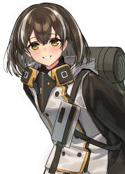 Rule 34 | 1girl, arknights, backpack, bag, bird mask, blush, brown coat, brown hair, buttons, closed mouth, coat, double-breasted, earrings, grin, hair between eyes, highres, jewelry, leaning forward, looking at viewer, magallan (arknights), mask, mask around neck, multicolored coat, multicolored hair, short hair, sigm@, silver hair, simple background, single earring, smile, solo, strap, streaked hair, two-tone coat, two-tone hair, upper body, white background, white coat, winter clothes, yellow eyes