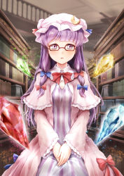 Rule 34 | 1girl, blunt bangs, bookshelf, breasts, ceiling, cleavage, crescent, crescent pin, crystal, double bun, dress, eyelashes, glasses, hair bun, hair ribbon, handrail, hands on lap, hat, hat ribbon, highres, library, light particles, long hair, long sleeves, looking at viewer, mob cap, open clothes, open mouth, open robe, own hands together, parted lips, patchouli knowledge, purple eyes, purple hair, red-framed eyewear, red neckwear, red ribbon, ribbon, rin (ashleyy), robe, sidelocks, sitting, solo, striped clothes, striped dress, thick eyebrows, touhou, tress ribbon