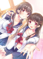 Rule 34 | 2girls, :d, black hair, blue bra, blue sailor collar, blue skirt, bra, bra strap, braid, breasts, brown hair, cleavage, collarbone, exif rotation, hair ornament, hair ribbon, hand on own knee, highres, long hair, looking at viewer, medium breasts, mintsu (ichi--kun), multiple girls, navel, non-web source, open clothes, open mouth, open shirt, original, outstretched arm, parted lips, pink bra, pink hair, pleated skirt, ribbon, sail, sailor collar, school uniform, see-through, see-through shirt, shirt, skirt, smile, standing, underwear, white shirt, window, x hair ornament