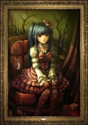 Rule 34 | 00s, 1girl, aqua eyes, aqua hair, blue eyes, blue hair, blunt bangs, bow, chair, choker, curtains, dress, ekusa takahito, flower, framed, frilled dress, frills, furudo erika, green eyes, green hair, hair flower, hair ornament, hime cut, long hair, looking at viewer, matching hair/eyes, official art, painting (object), pantyhose, pink bow, portrait, portrait (object), ribbon, sitting, skirt, smile, solo, thighhighs, throne, too many, twintails, umineko no naku koro ni, v arms, when you see it