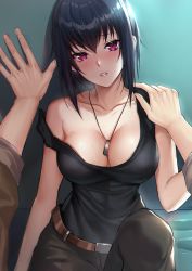 Rule 34 | 1boy, 1girl, against wall, bare shoulders, belt, black hair, black pants, blush, breasts, cleavage, collarbone, commentary, english commentary, full metal panic!, hand on another&#039;s shoulder, head tilt, hetero, highres, jewelry, kabedon, kernel killer, knee up, large breasts, melissa mao, necklace, pants, parted lips, pink eyes, red lips, resolution mismatch, revision, short hair, sitting, solo focus, source smaller, strap slip, tank top, upper body
