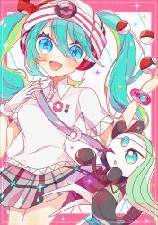 Rule 34 | creatures (company), crossover, game freak, gen 5 pokemon, hatsune miku, highres, legendary pokemon, meloetta, mythical pokemon, nintendo, official alternate costume, open mouth, poke ball, pokemon, pokemon (creature), project voltage, psychic miku (project voltage), to camellia, twintails, vocaloid