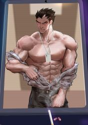 Rule 34 | 1boy, abs, bara, biceps, black hair, blush, cellphone, cigarette, collared shirt, darius (league of legends), frown, highres, id card, large pectorals, league of legends, male focus, manly, mature male, multicolored hair, muscular, muscular male, nipples, open clothes, open shirt, pants, pectorals, phone, red eyes, scar, shirt, silver (ordinary 1), smoke, solo, sweat, teeth, thick arms, thick eyebrows, undressing, veins, video call, white hair