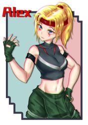 Rule 34 | 1girl, absurdres, alex (street fighter), armband, biceps, blonde hair, blue eyes, breasts, capcom fighting jam, character name, chromatic aberration, commentary request, crop top, facial tattoo, genderswap, genderswap (mtf), gloves, green gloves, hand on own hip, headband, highres, long hair, medium breasts, midnight bliss, midriff, outside border, overalls, ponytail, senkare, skin tight, solo, street fighter, tattoo, toned