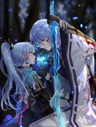Rule 34 | 1boy, 1girl, arm up, armor, ayaka (genshin impact), black gloves, blood, blood on clothes, blood on face, blue eyes, blue hair, blue jacket, blunt tresses, blurry, blurry background, brother and sister, crying, crying with eyes open, face-to-face, flower, flower knot, fractalmagnolia, genshin impact, gloves, hair between eyes, hair over eyes, hair ribbon, high ponytail, holding, holding sword, holding weapon, hydrokinesis, jacket, japanese armor, japanese clothes, kamisato ayato, kusazuri, long sleeves, looking at another, mole, mole under mouth, parted lips, profile, ribbon, siblings, sidelocks, sword, tassel, tears, tress ribbon, vision (genshin impact), water, weapon, wide sleeves