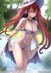 Rule 34 | 1girl, absurdres, artist name, bare legs, bare shoulders, between breasts, black ribbon, blurry, blurry background, blush, bracelet, breasts, cleavage, closed mouth, collarbone, day, depth of field, feet out of frame, fire emblem, fire emblem awakening, hat, highres, holding, jewelry, lingerie, long hair, medium breasts, navel, neck ribbon, nintendo, outdoors, panties, pantyshot, pond, purple panties, red eyes, red hair, ribbon, sarong, see-through, severa (fire emblem), smile, smug, solo, standing, stomach, sun hat, thigh gap, toned, twintails, underwear, upskirt, v-shaped eyebrows, very long hair, vilde loh hocen, wading, water, white hat