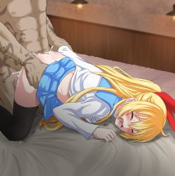 Rule 34 | 1boy, 1girl, arm grab, blonde hair, blouse, blue sailor collar, blue skirt, blush, closed eyes, clothes lift, commission, crying, cum, cum in pussy, cum on ass, cum on legs, defloration, doggystyle, from side, hair between eyes, highres, kirisaki chitoge, long hair, nisekoi, open mouth, pixiv commission, rape, sailor collar, saliva, saliva trail, school uniform, serafuku, sex, sex from behind, shirt, skirt, tattoo, thighhighs, thighs, tongue, white shirt