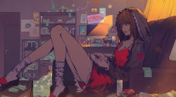 Rule 34 | 1girl, absurdres, animal ear headphones, animal ears, banknote, bendy straw, black footwear, black jacket, boots, brown eyes, brown hair, cat ear headphones, clock, commentary, controller, couch, dollar sign, dress, drinking straw, energy drink, english commentary, fake animal ears, food, french fries, game controller, headphones, headphones removed, heart, highres, holding, hood, hood up, hooded jacket, indoors, jacket, kirby, kirby (series), long hair, looking away, money, monitor, monster energy, nail polish, nintendo, on couch, open clothes, open jacket, original, parted lips, red dress, red lips, red nails, ribbed sweater, sandals, scenery, socks, solo, star (symbol), storia, sweater, treasure chest, wall clock, white socks